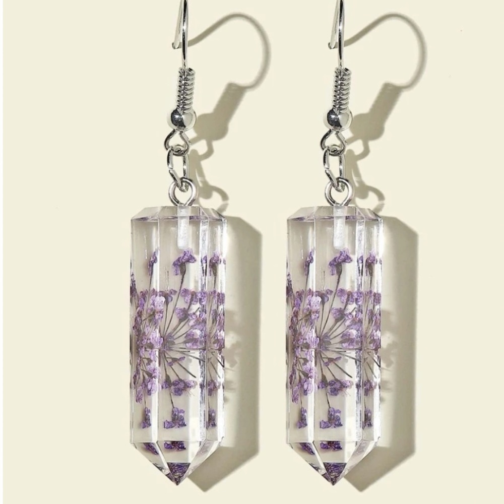 Woman's Flower Decor Geometric Prism Shape Dangle Drop Earrings